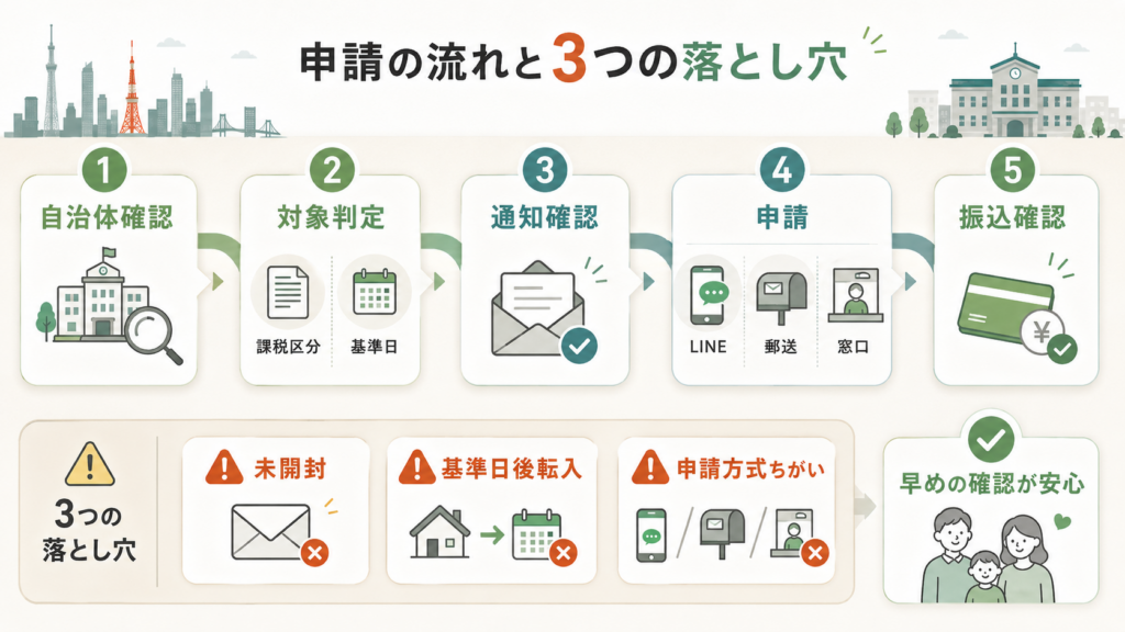 東京都 23区 給付金 受付状況一覧（2026年8月7日時点）を整理した図解