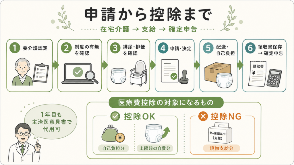 おむつ代の医療費控除は「1年目でも主治医意見書で通る」ようになったを整理した図解