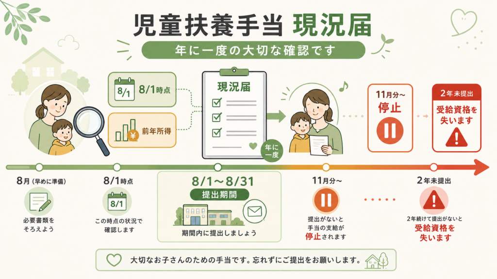 現況届は何を確認する手続き？8月1日時点の状況で11月分以降が決まるを整理した図解