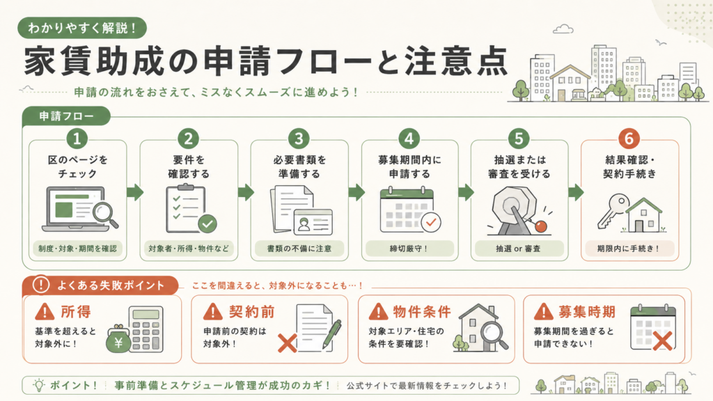 家賃助成の申請の流れ（共通ステップ）を整理した図解