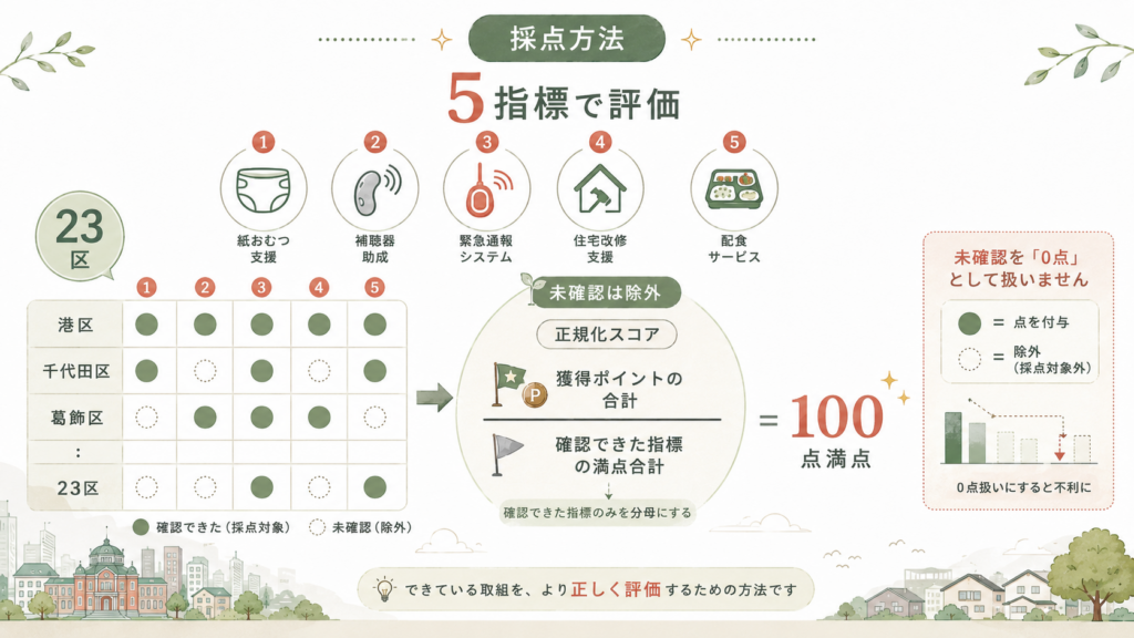 介護支援が手厚い東京23区ランキングの1位・港区はなぜ強いのかを整理した図解