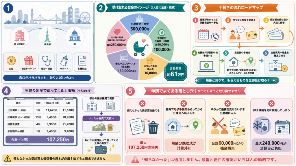 図解：江東区の妊娠・出産でもらえるお金は、合計いくら？