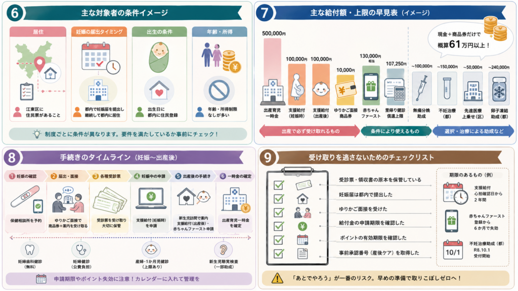 妊娠・出産期に使える制度の一覧を整理した図解