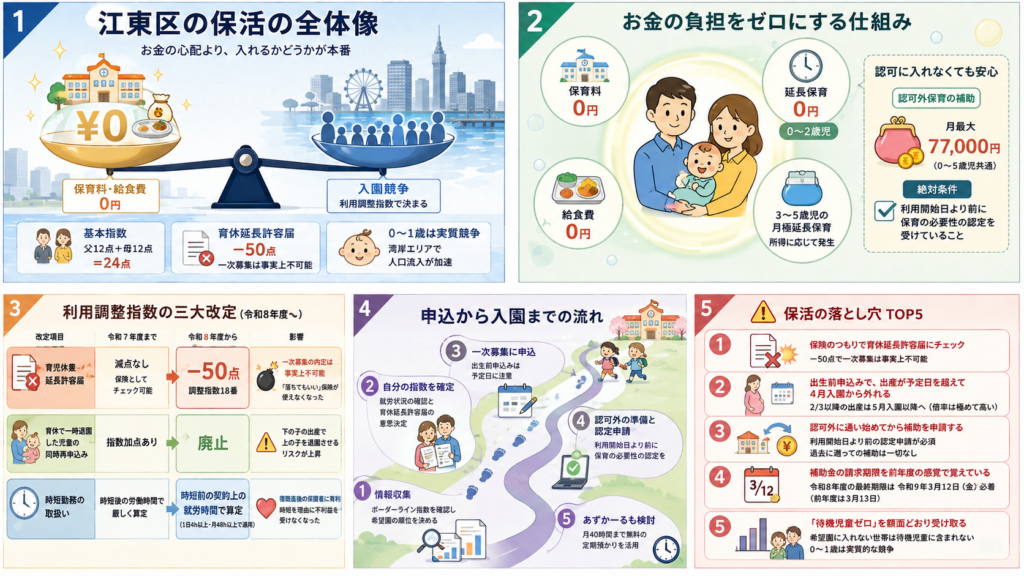 江東区の保活2026の保育に関する制度の一覧を整理した図解