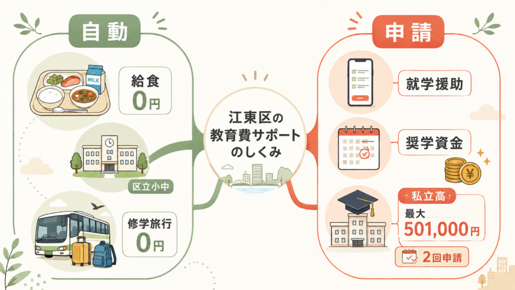 図解：江東区の教育費は、どこまで無料になる？
