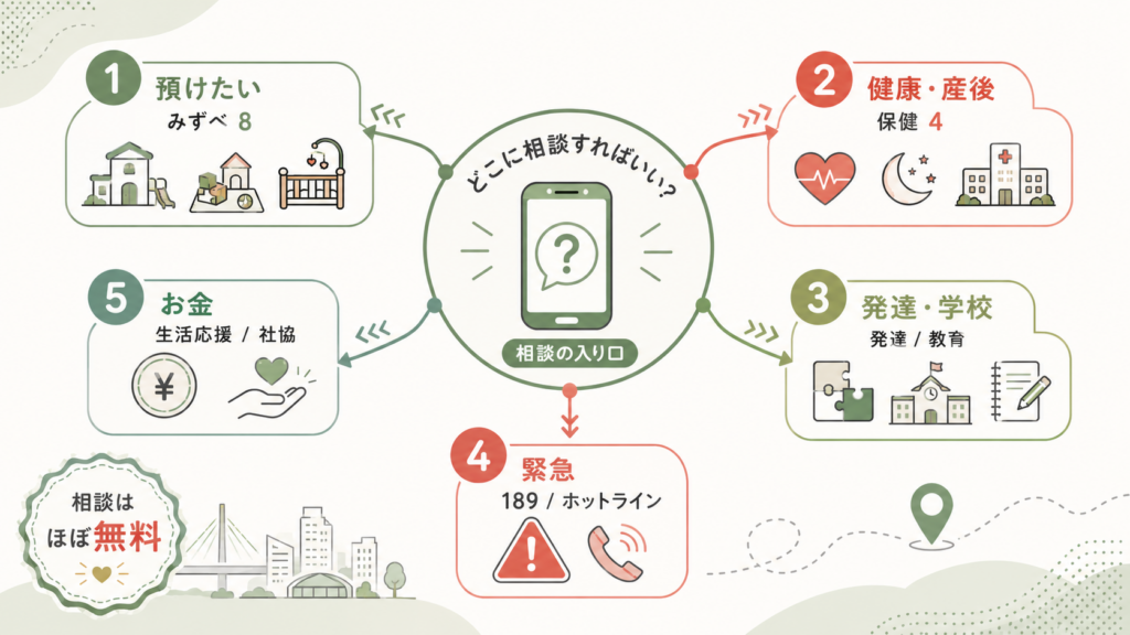 どこに電話すればいい？困りごと別の相談先を整理した図解