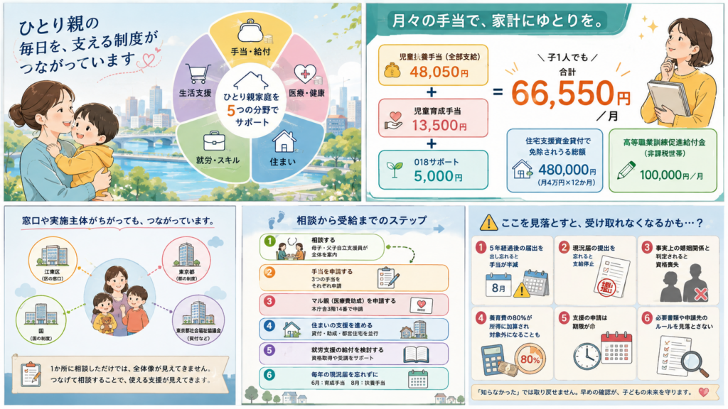 ひとり親家庭が使える制度の一覧を整理した図解
