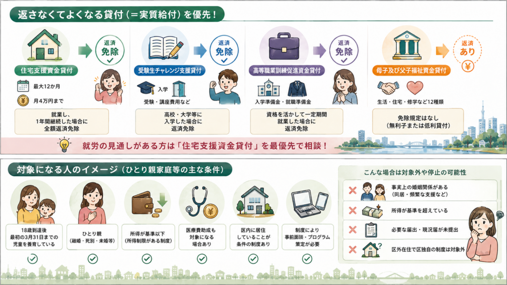 江東区のひとり親支援2026の相談から受給までの順番を整理した図解