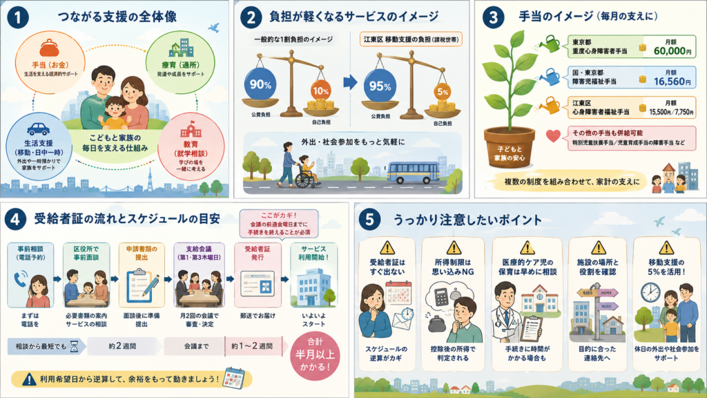 江東区の障害児支援2026の障害児支援の制度一覧を整理した図解