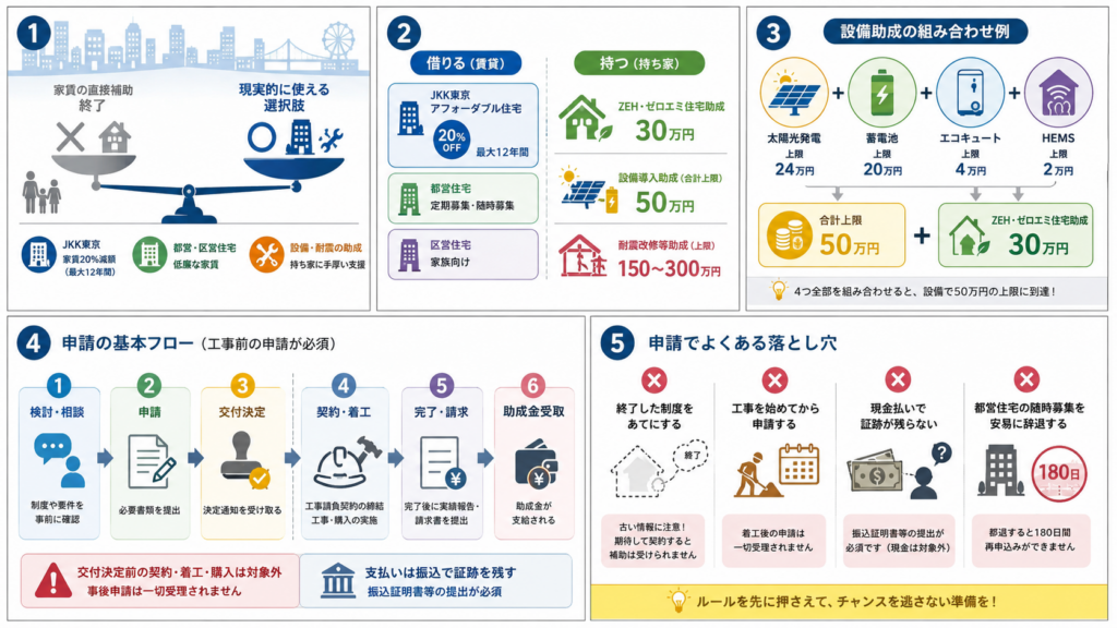 江東区の子育て世帯の住まい2026の住まいに関する制度の一覧を整理した図解