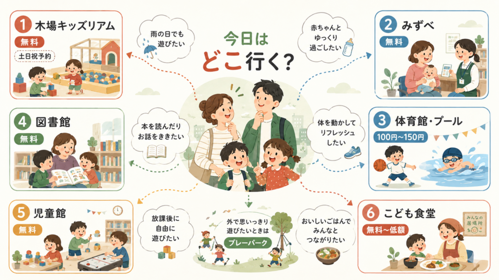 江東区の子ども食堂・遊び場2026の公的・民間の居場所一覧を整理した図解