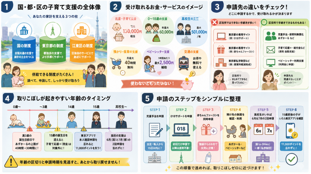 江東区民が使う国・都の子育て制度2026の国・東京都の制度一覧を整理した図解