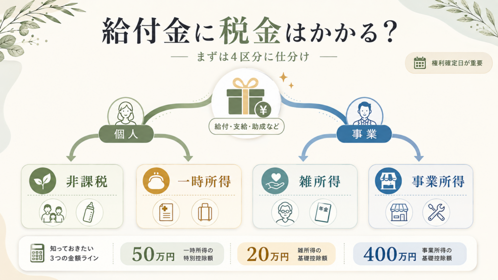 自分の給付金に税金はかかる？まず2つに分かれるを整理した図解