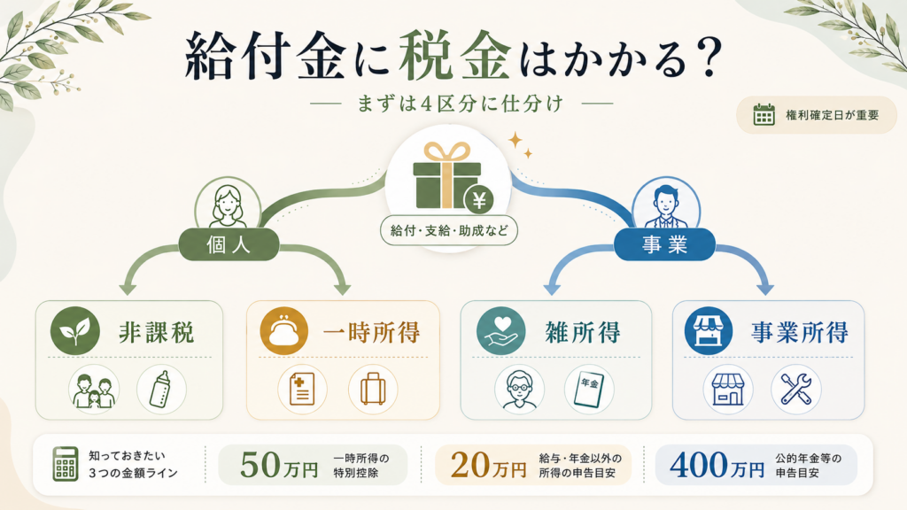 制度別の課税区分一覧：自分が受け取ったものを探すを整理した図解