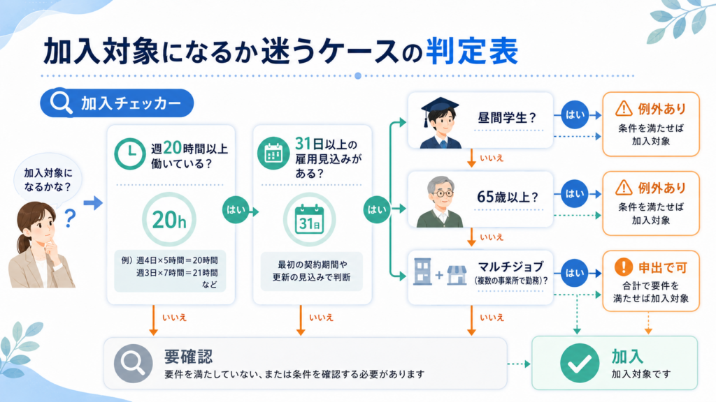 加入対象になるか迷うケースの判定表を整理した図解