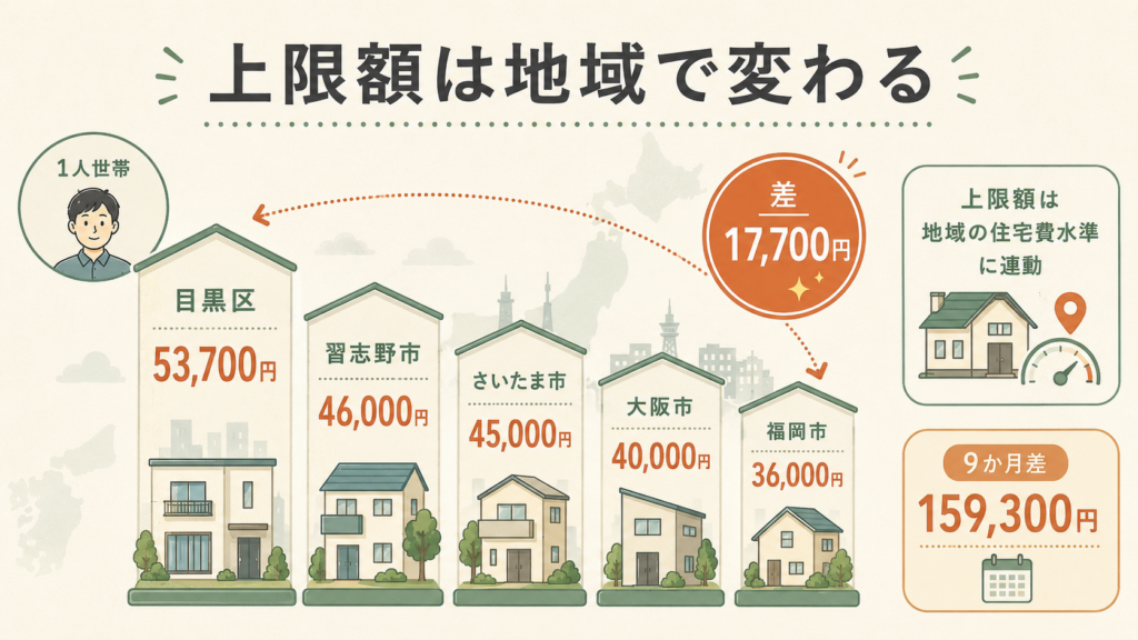 図解:家賃補助の上限額は、住む街でどれだけ違いますか?