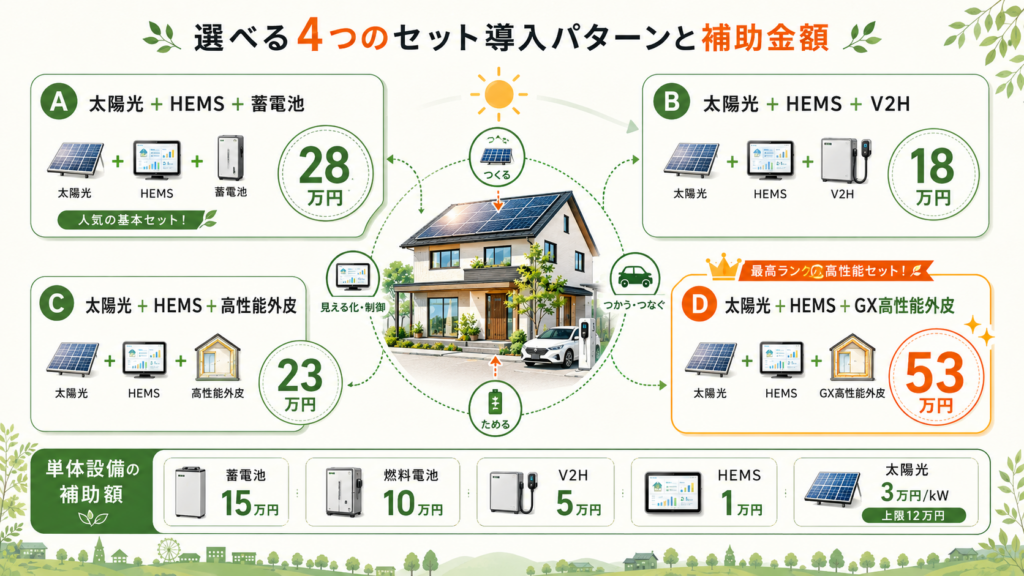 補助金の内容と一体的導入4パターンの選び方を整理した図解