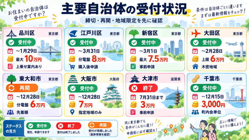どの自治体で補助が出る？主要自治体の受付状況を比較を整理した図解