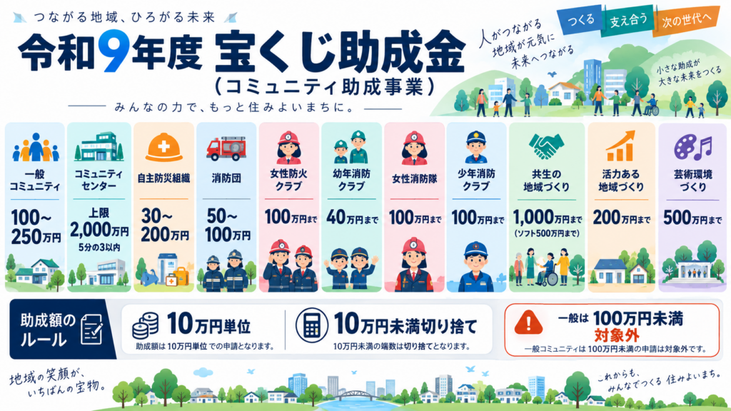 いくら助成される?一般コミュニティ助成の10万円単位シミュレーターを整理した図解