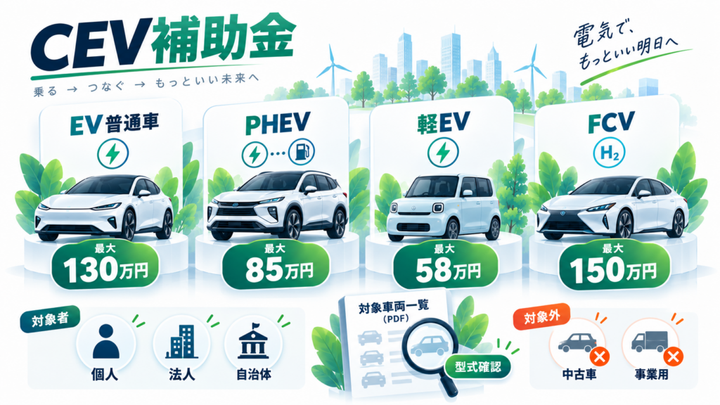 自分は対象になる?CEV補助金の対象車両・要件をチェックを整理した図解