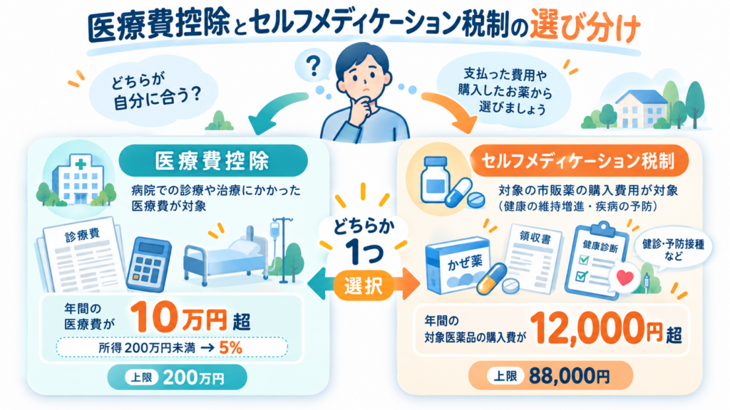 セルフメディケーション税制と医療費控除、どちらを選べばいいかを整理した図解