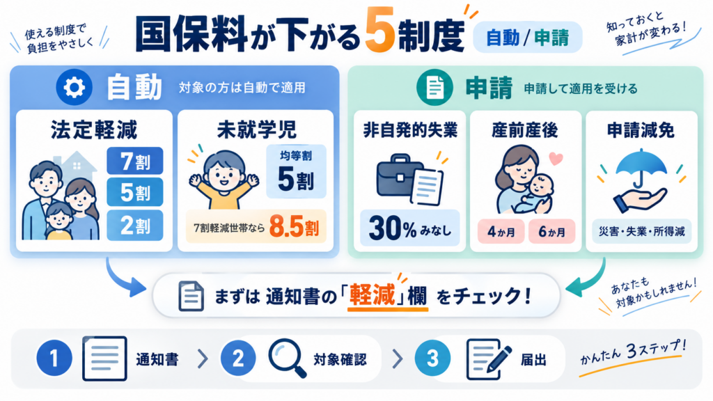 「自動で下がる」と「申請が要る」の切り分け対照表を整理した図解