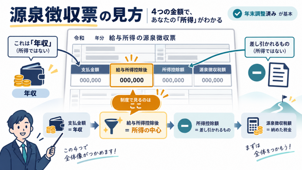 図解:源泉徴収票のどの欄が、制度のいう「所得」なのか?