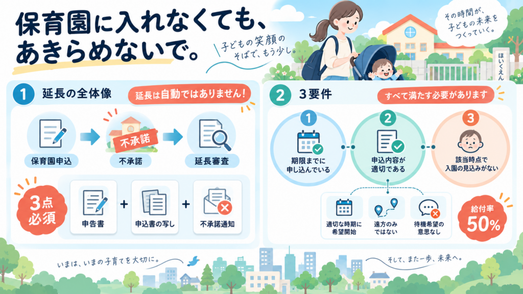 図解:保育園に落ちれば育児休業給付金は自動で延長されますか?