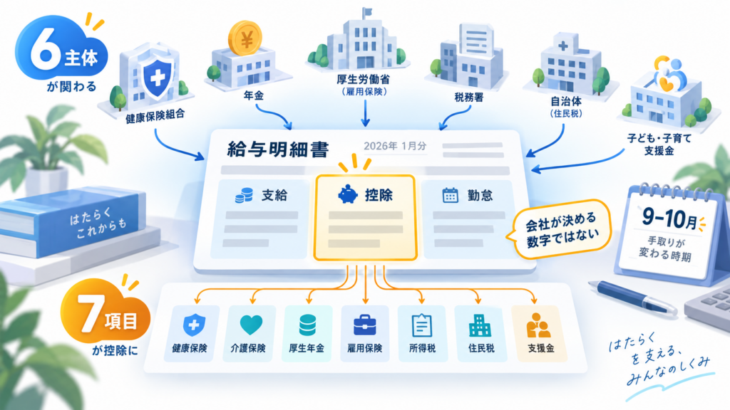 控除欄の各項目は、誰が決めて、どこを見れば検算できるのかを整理した図解
