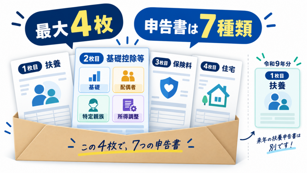 令和8年分の年末調整で出す用紙は4枚・中身は7つの申告書を整理した図解