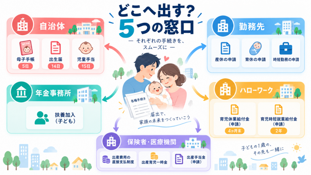 産前と産後に分けた提出の流れを整理した図解