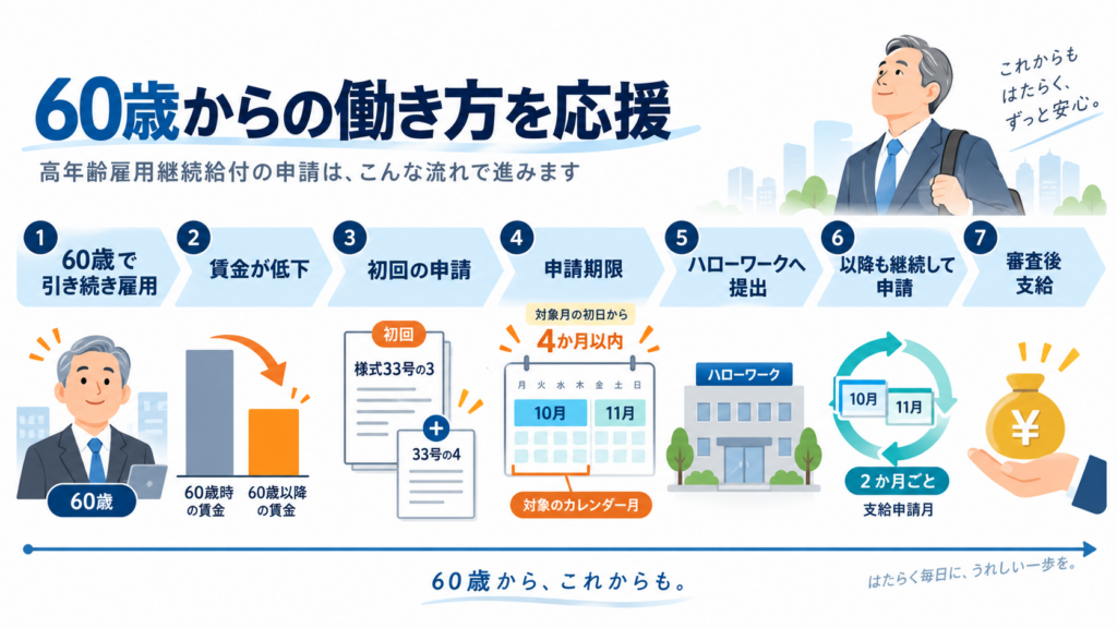 図解：高年齢雇用継続給付支給申請書とは？いつ誰がどこへ出す？