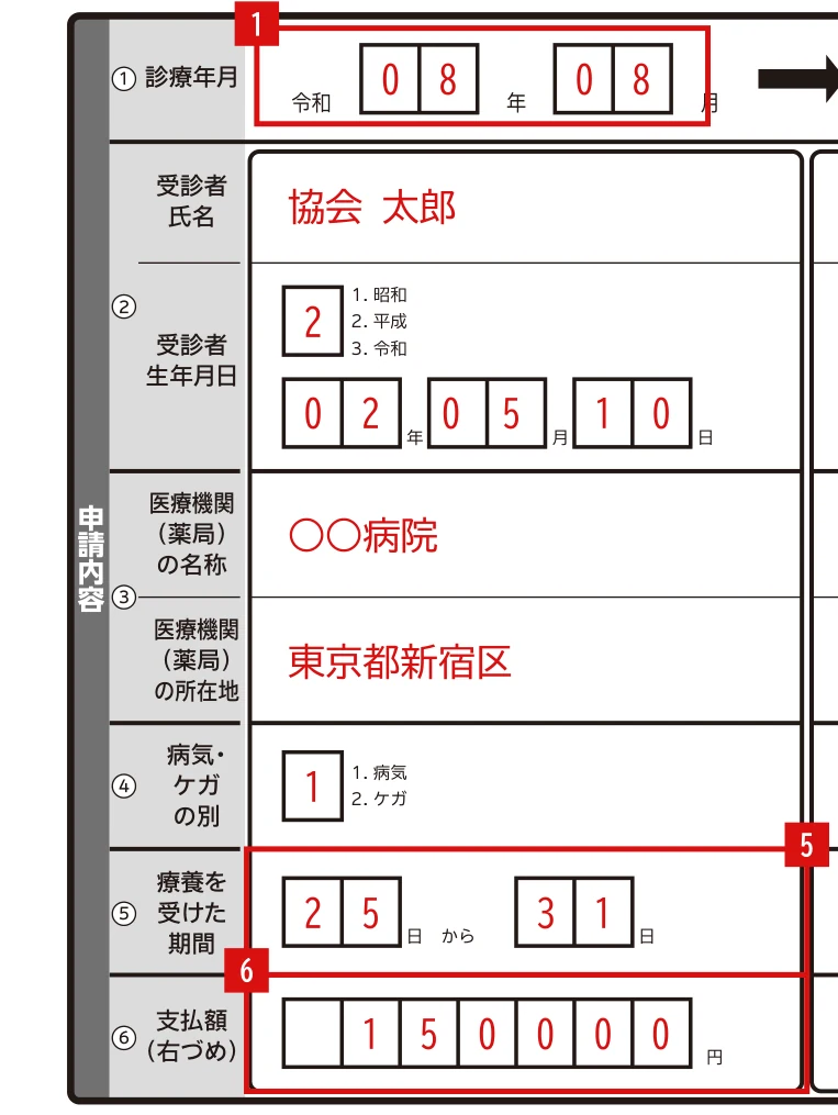 健康保険高額療養費支給申請書の診療年月欄の記入例（月をまたぐ入院・8月分）