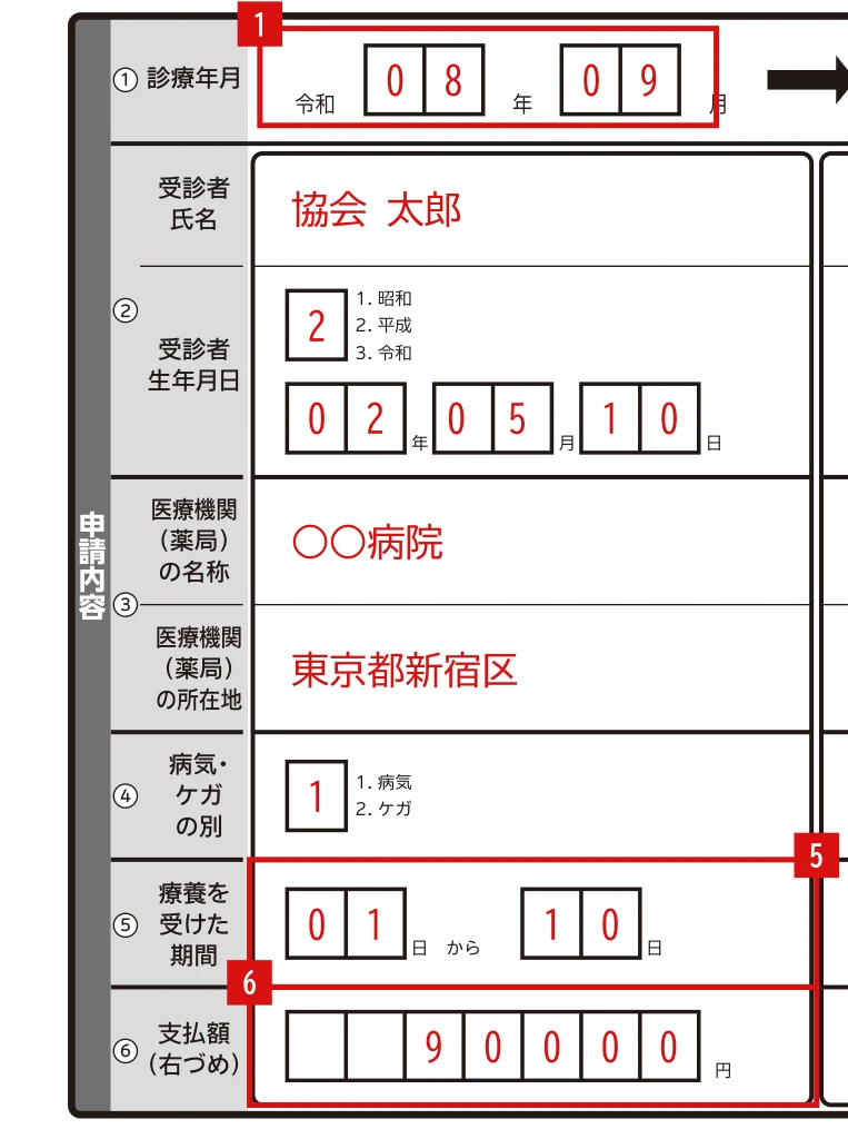 健康保険高額療養費支給申請書の診療年月欄の記入例（月をまたぐ入院・9月分）