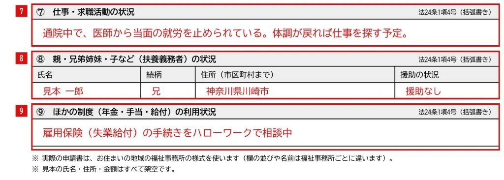 生活保護申請書の見本「⑦〜⑨ 仕事・扶養義務者・ほかの制度」欄の記入例（赤字が記入例）