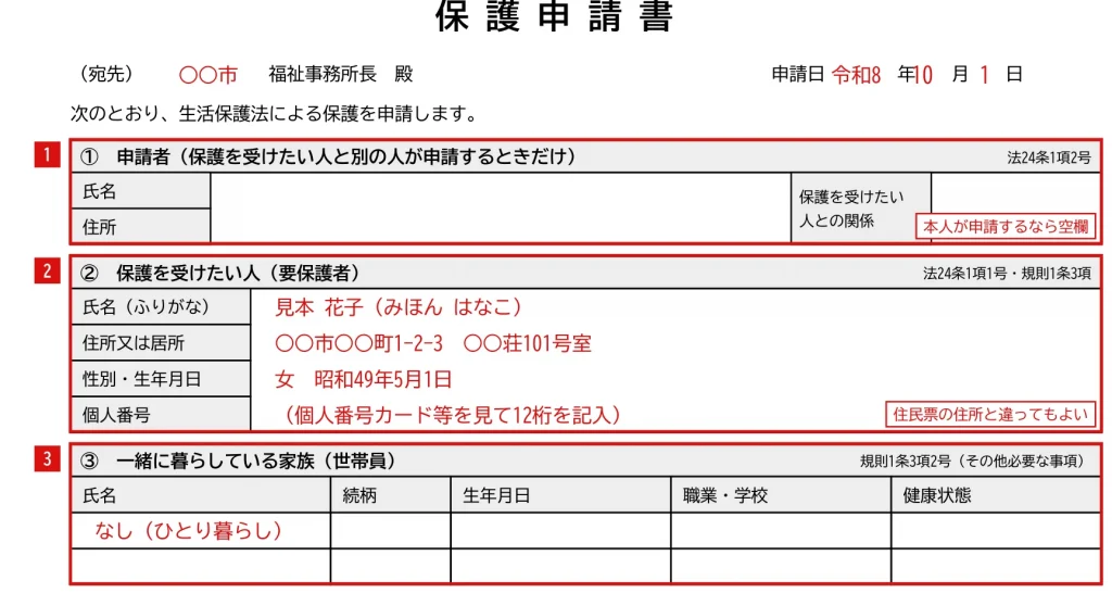 生活保護申請書の見本「①〜③ 申請者・保護を受けたい人・世帯」欄の記入例（赤字が記入例）