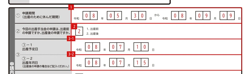 出産手当金支給申請書2ページ目 ①申請期間の記入例（出産が予定日より遅れた場合）