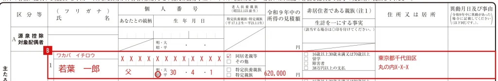 給与所得者の扶養控除等（異動）申告書のB欄の記入例（同居の父72歳・公的年金収入172万円で同居老親等にチェック）