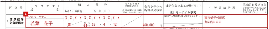 給与所得者の扶養控除等（異動）申告書のA欄の記入例（パート配偶者・給与収入120万円で所得の見積額460,000円）