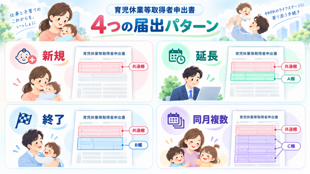 育児休業等取得者申出書の書き方2026の一緒に確認したい制度を整理した図解