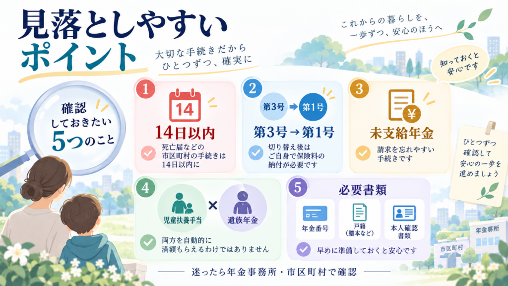 配偶者が死亡したら使える制度まとめの手続きの流れ(全体像)を整理した図解