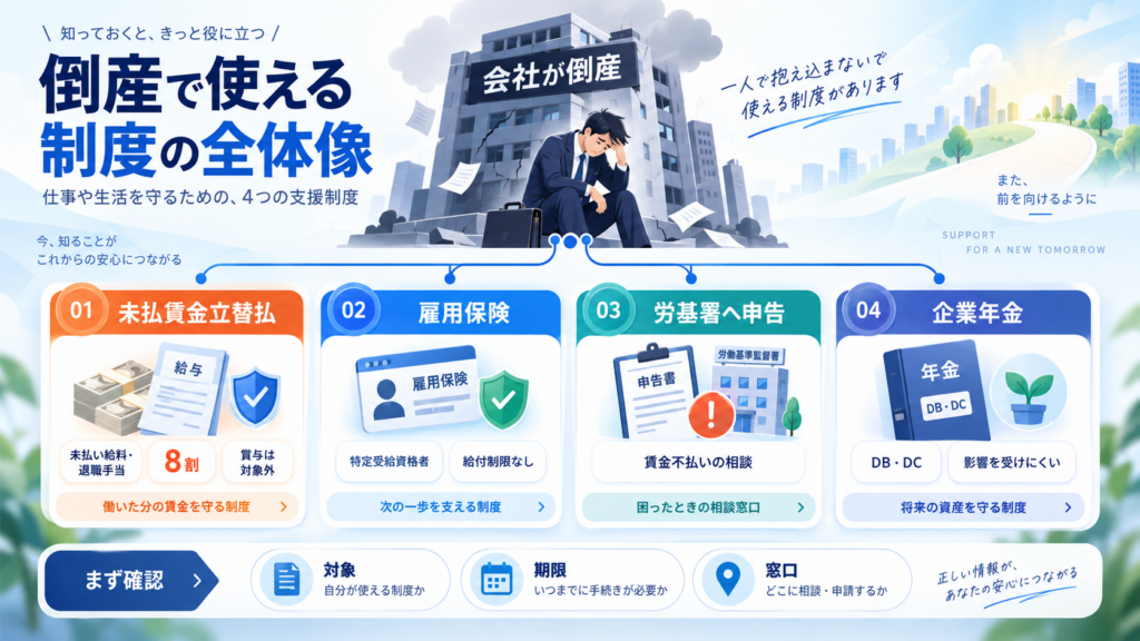 会社が倒産したら社員が使える制度の倒産で使える制度の全体像を整理した図解