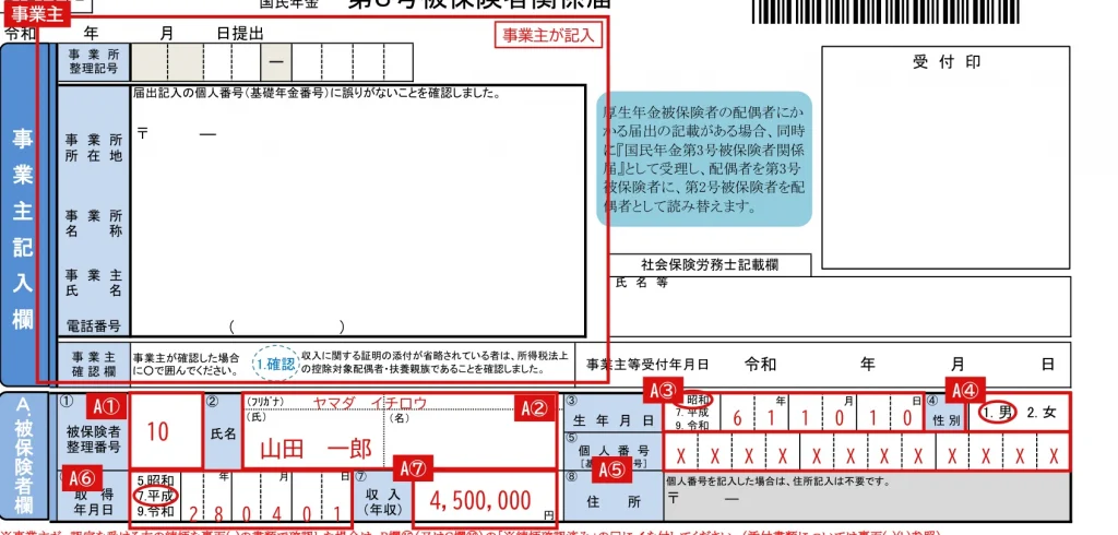 健康保険 被扶養者（異動）届の被保険者欄（A）の記入例（赤字が記入例）