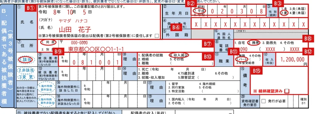 健康保険 被扶養者（異動）届の記入例（労働契約の内容で認定を受ける場合のB欄）