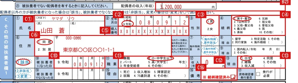 健康保険 被扶養者（異動）届の記入例（出生した子を扶養に入れるときのC欄とB㉑）