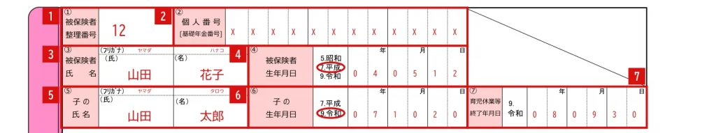 育児休業等終了時報酬月額変更届の1ページ目「被保険者欄」①〜⑦の記入例（赤字が記入例）