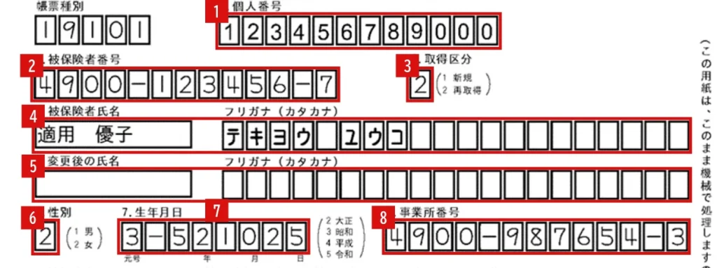 雇用保険被保険者資格取得届（様式第2号）の記入例・上段の1〜8欄（赤枠の番号は欄の番号。厚生労働省の手引き令和8年8月版p19の記入例を加工）