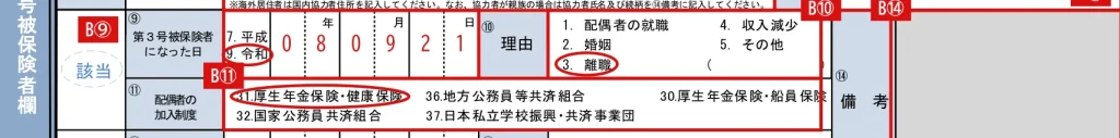 国民年金第3号被保険者関係届の記入例（離職して配偶者の扶養に入った場合の⑨〜⑪）