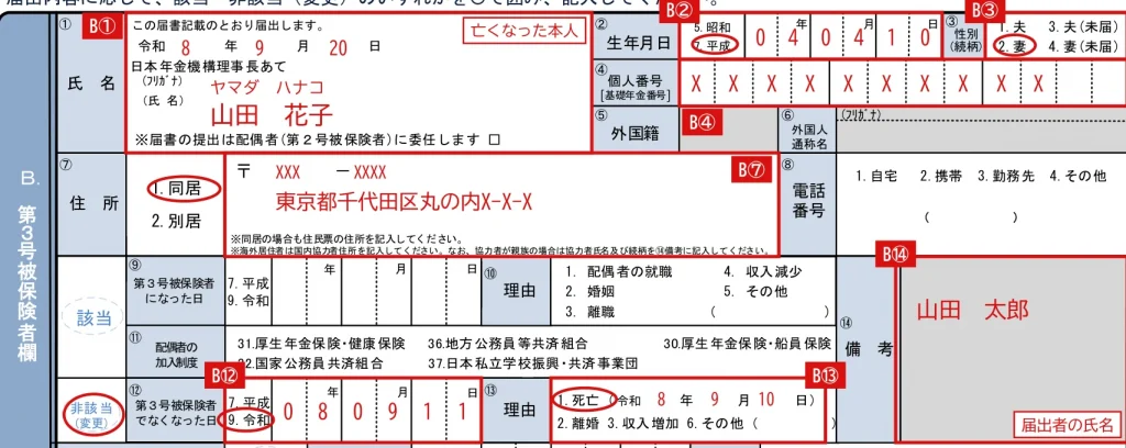 国民年金第3号被保険者関係届の記入例（第3号被保険者が亡くなった場合のB欄）