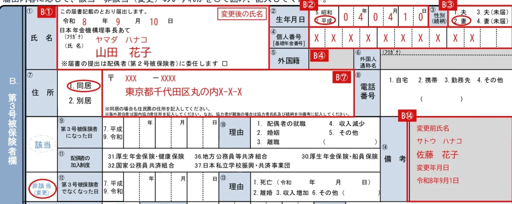 国民年金第3号被保険者関係届の記入例（氏名が変わった場合のB①と⑭）